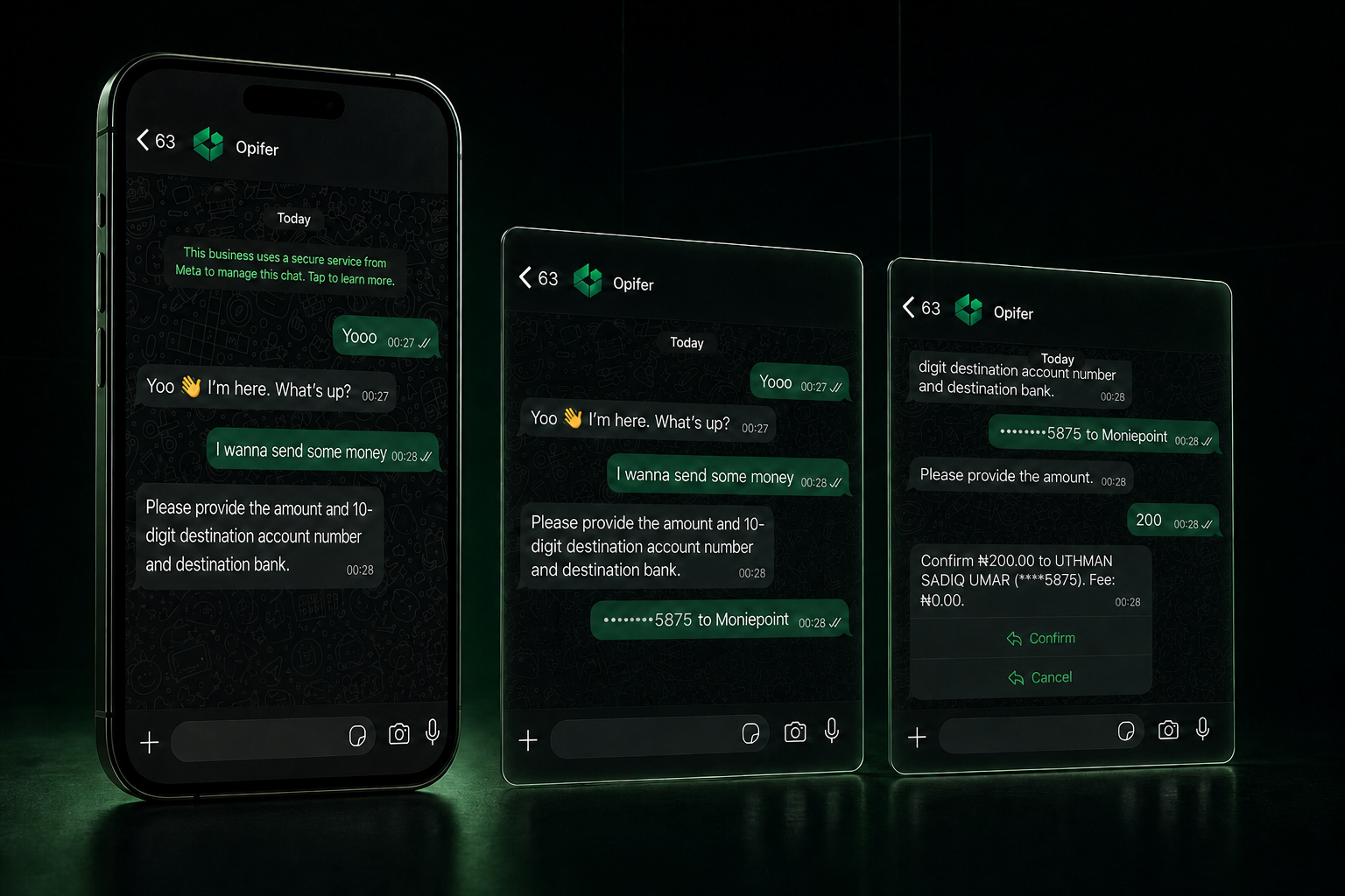 A real OPIFER WhatsApp journey progressing from a natural transfer request to explicit confirmation